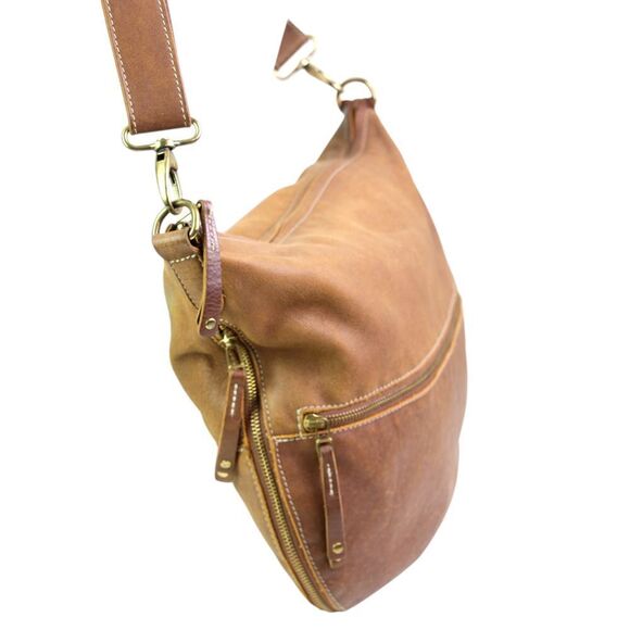 ROOMY Roots TAN BROWN GENUINE LEATHER ZIP TOP X-BODY SHOULDER BAG PURSE CLUTCH - Picture 3 of 15